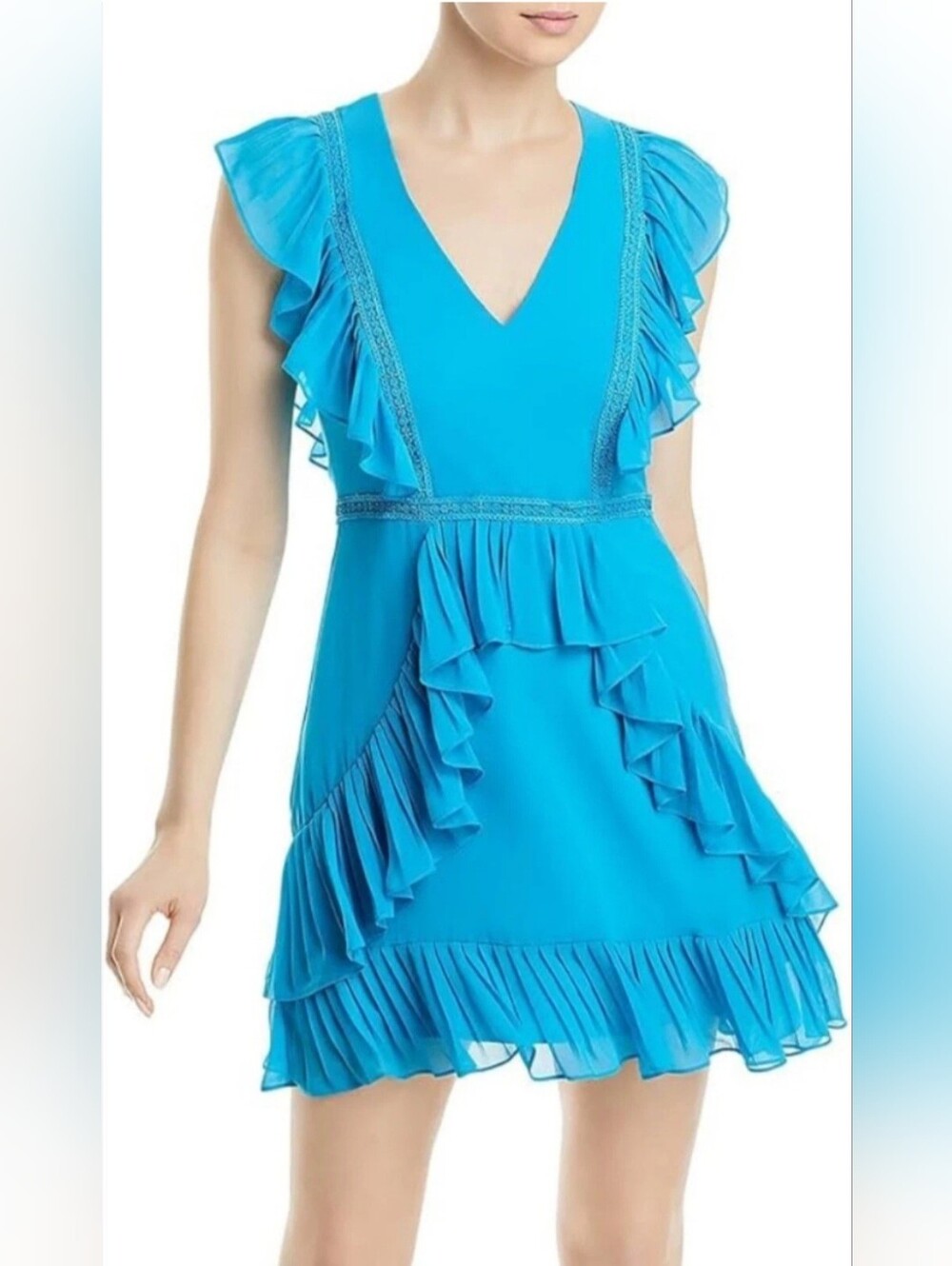 BCBGMAXAZRIA Turquoise Chiffon Ruffle Lace Trim ‎ Wedding Guest Dress NWT 10
